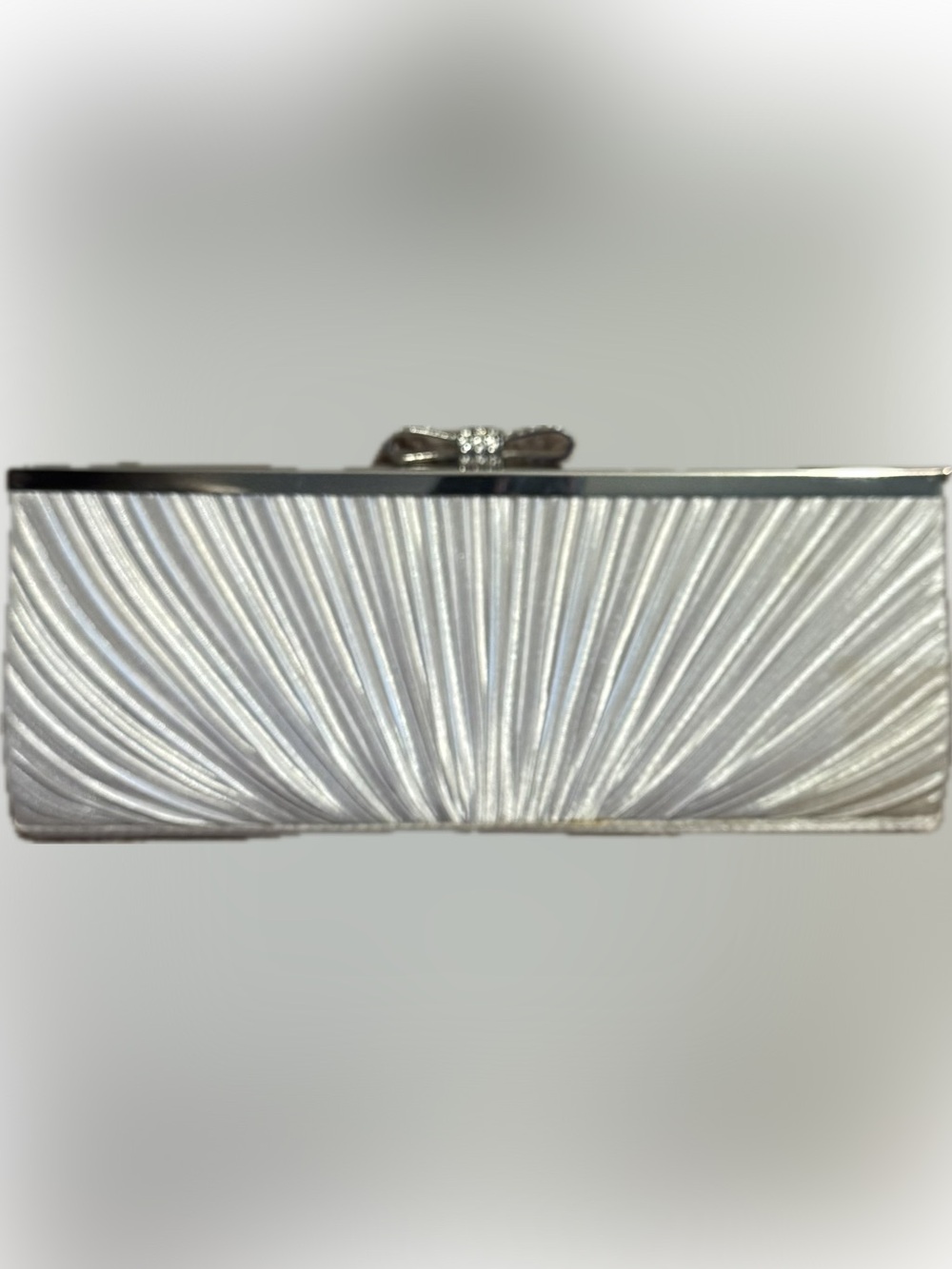 Charming Charlie Silver Pearl Textured Fan Fold Crystal Gems Bow Top Clutch - Picture 10 of 10